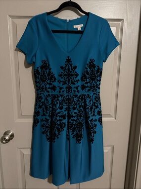 dressbarn Teal Blue Fit-and-Flare Dress with Black Flocked Damask